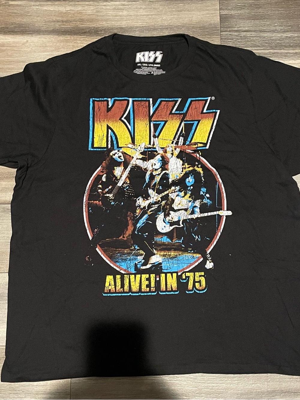 Kiss Black Tee with Yellow & Blue 'Alive! In '75' Graphic